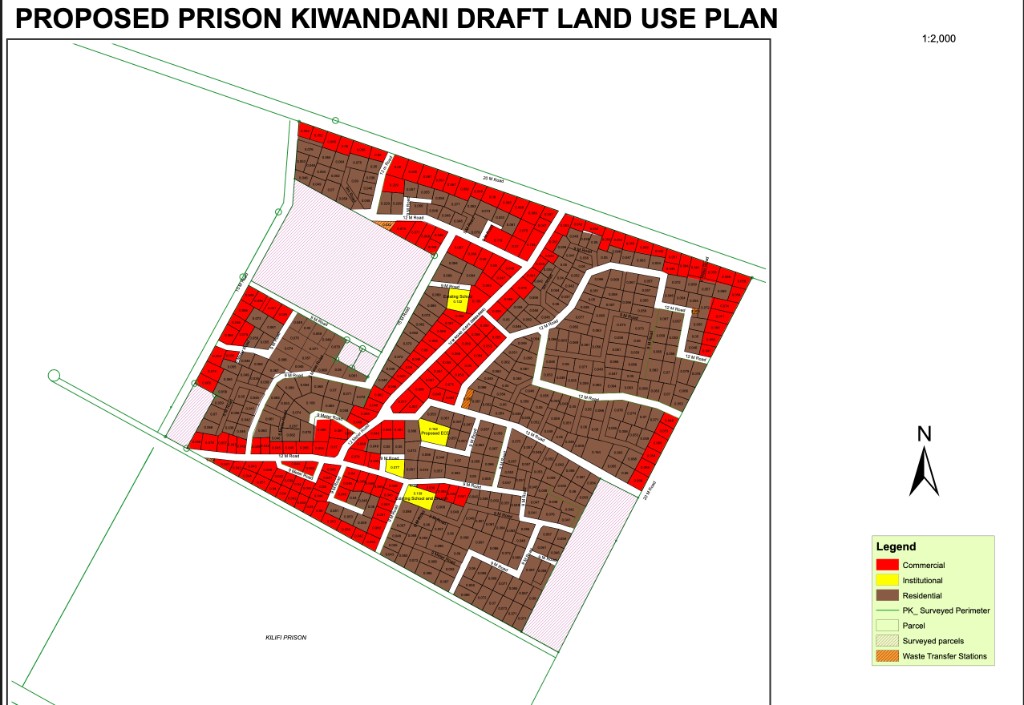 GIS map titled proposed Prison Kiwandani draft land use plan with roads and zoning, Kilifi County